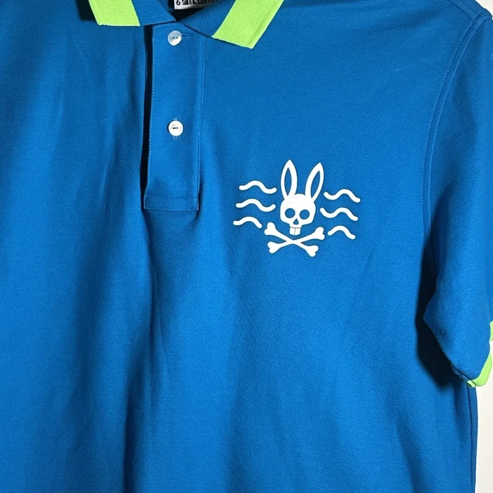 PSYCHO BUNNY Mens Size 6/L Polo Shirt Blue Pima Cotton Large Logo